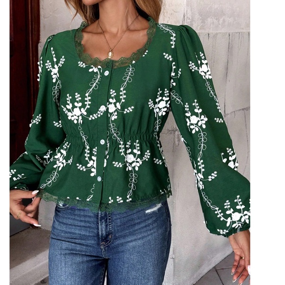 Boho Semi Sheer Lace Button Down Embroidered Floral Top - Picture 2 of 6